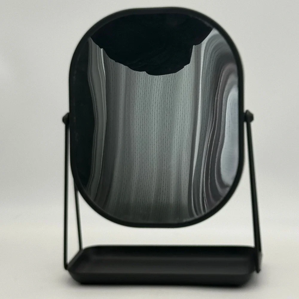 Matte Black Metal Tabletop Vanity Mirror with Jewelry Tray Swivel Oval 11 inch